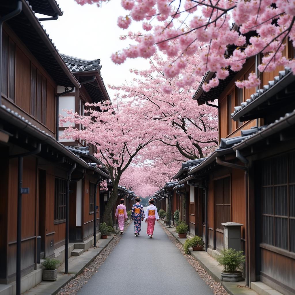 Một con đường cổ kính ở Kyoto với hoa anh đào nở rộ và kiến trúc gỗ truyền thống